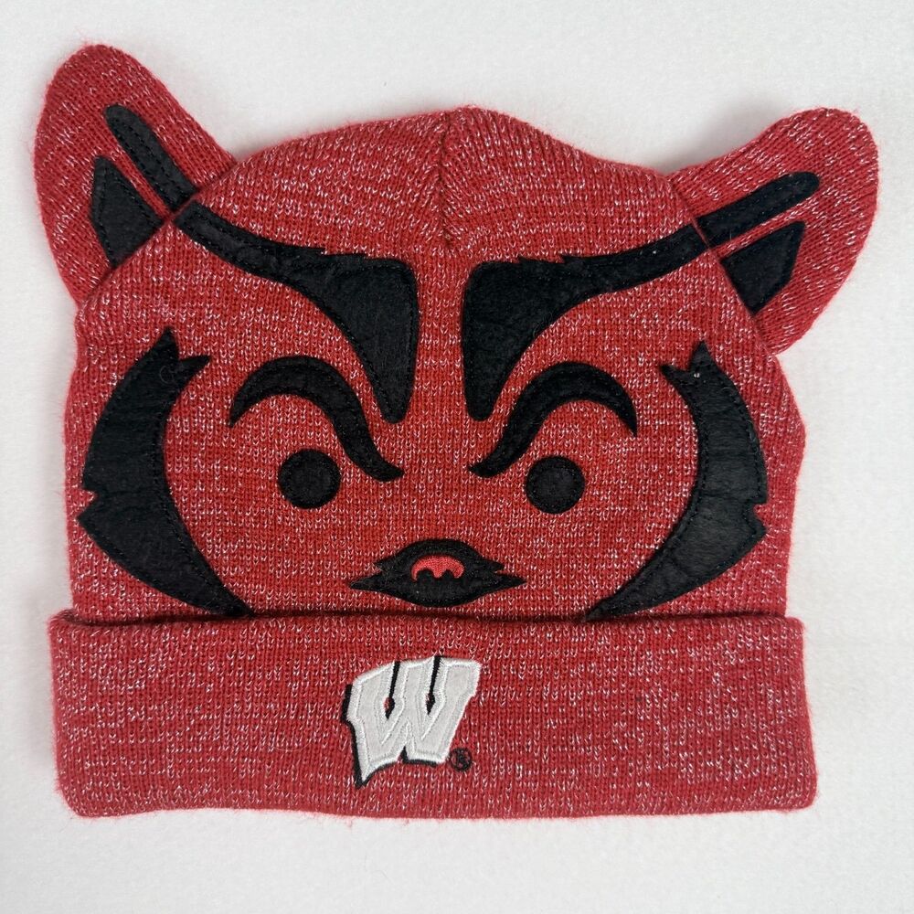 ZooZatz Wisconsin Badgers Bucky Knit Beanie Hat Red Silver Metallic Ear One Size
